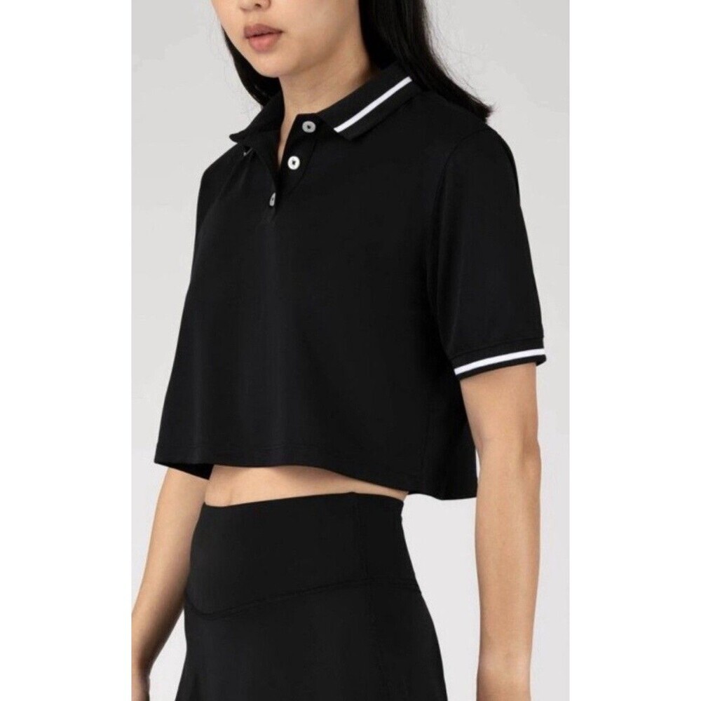 90 Degree By Reflex Womens Crop Tennis Polo Shirt Sz XL Black Short Sleeve NWOT